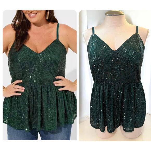 Torrid 3 (3X 22/24) Sexy Emerald Green Sequin Peplum V Neck Party Cami Tank Top - Picture 1 of 3